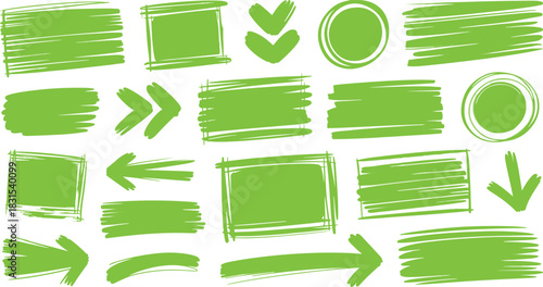 Set of bright green hand drawn sketch elements including rectangles, circles, arrows, and brush strokes for highlighting text or design accents