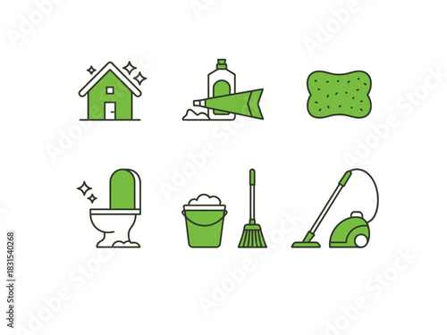 A collection of household cleaning icons including a house, toilet, and vacuum cleaner.
