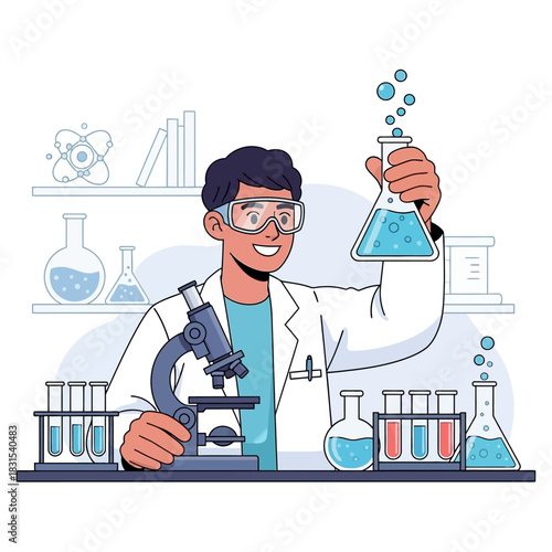 Illustration of a scientist conducting experiment in a laboratory setup showing research