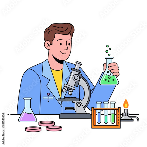 Scientist performing laboratory research with microscope and chemical glassware for scientific