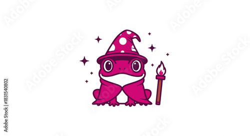 Cartoon frog magician with wand and stars isolated on white background