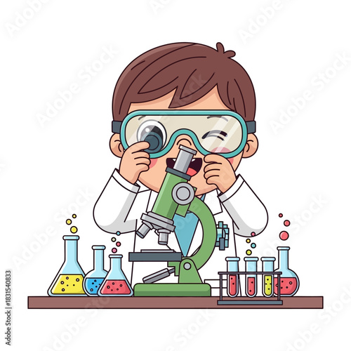 Young cartoon scientist experimenting in laboratory exploring chemicals and conducting research