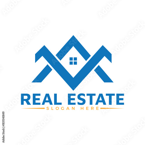 Blue real estate logo with house roof and window above the text real estate and slogan here text