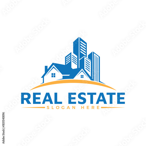 Blue real estate logo with buildings and houses on a golden arch and slogan underneath it