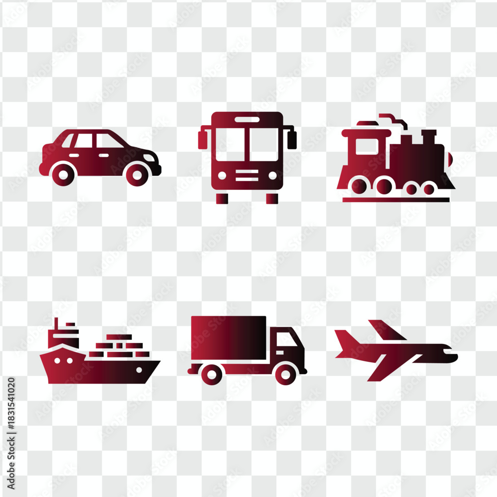 Fototapeta premium A vector set of transportation icons includes symbols for a car, bus, truck, train, taxi, van, ship, plane, and tractor
