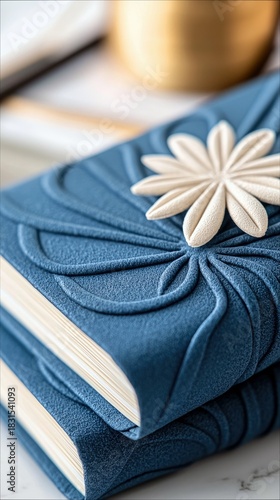 Close-up of two blue notebooks with a flower decoration on top, with soft lighting.
