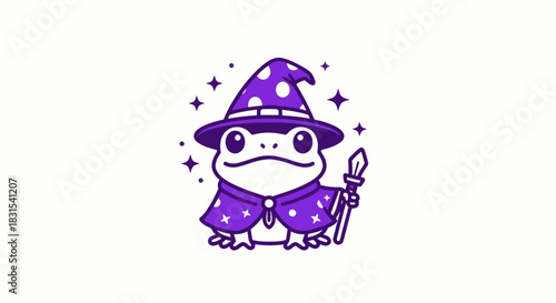 Cartoon frog wizard with magic wand and hat against white background