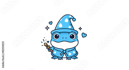 Cartoon frog wizard with magic wand and hat isolated on white background