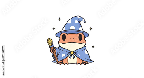 Cartoon frog wizard with magic wand and hat isolated on white background