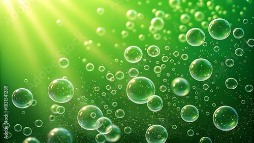 Vibrant green abstract background with numerous clear water bubbles rising towards bright sun rays in a refreshing liquid