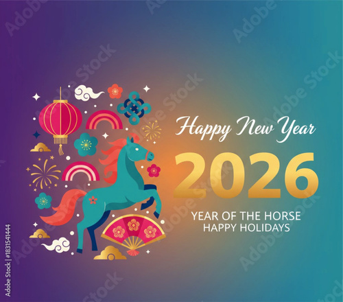 Art of Lunar New Year 2026: Vector Cute Elements with Horse, Lanterns & Traditional Oriental Details for Greeting Cards, Posters & Festival Designs.