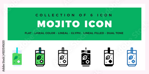 Collection of 6 Mojito Icons. Flat. Lineal. Glyph Styles