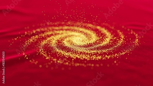 Abstract swirling golden galaxy made of tiny particles on a vibrant red background