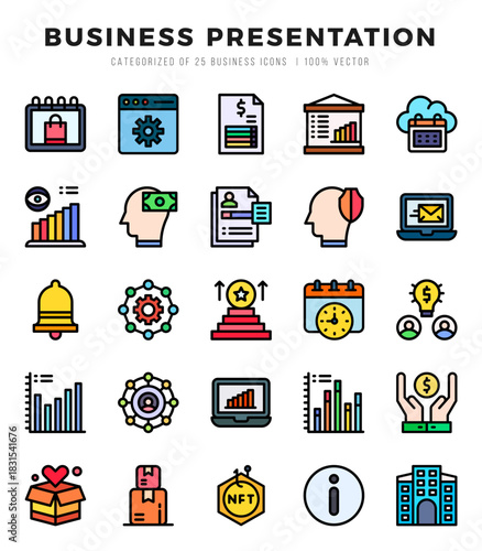 Set of Business Presentation Icons. Simple Lineal Color art style icons pack.