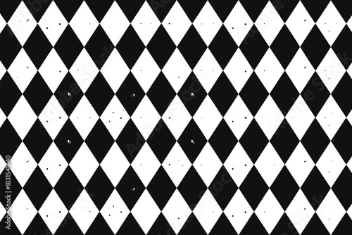 A black and white harlequin pattern forms a repeating diamond background.