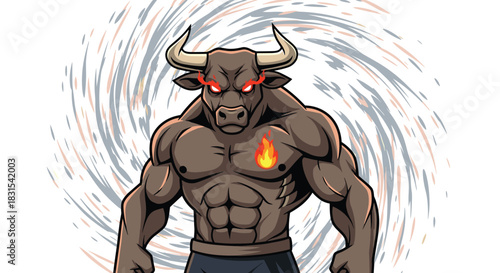 An intense, muscular bull character with glowing red eyes and a fiery symbol on its chest stands powerfully against a swirling background.