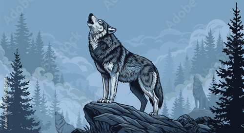 A majestic grey wolf howls to the misty sky from a rocky outcrop in a serene pine forest, with other wolves in the blue-hued distance.