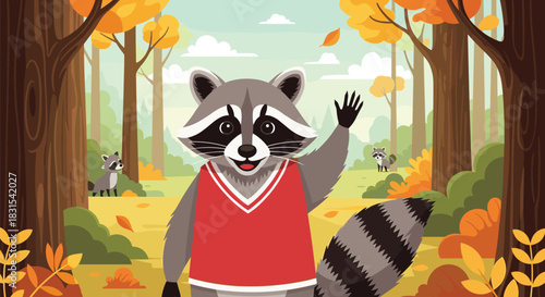 A friendly cartoon raccoon wearing a red shirt waves hello in a vibrant autumn forest, with smaller raccoons visible in the background.