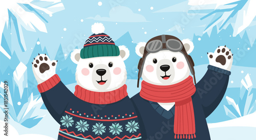 Two adorable polar bears dressed in winter hats and scarves wave hello in a festive snowy landscape.