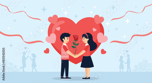 A young couple shares a red rose, holding hands in front of a large heart, surrounded by romantic elements.