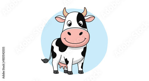 Adorable black and white cartoon dairy cow with a friendly smile, big eyes, and horns, standing against a light blue circular background.