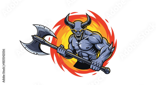 Ferocious horned demon warrior with glowing eyes holding a mighty double-bladed axe against a swirling fiery background.