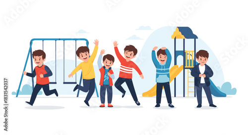 A group of happy and active young boys joyfully playing in a vibrant playground with swings and a slide on a bright day.
