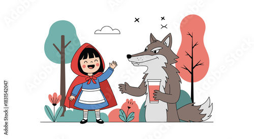 Little Red Riding Hood, a cheerful girl in a red cape, waves hello to a cunning wolf holding a beverage in a whimsical forest scene.