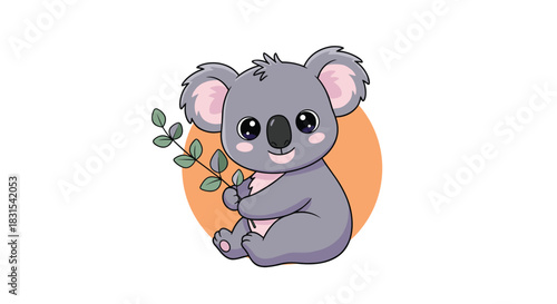 A sweet, cartoon baby koala with big eyes and a friendly smile sits holding a eucalyptus branch against a warm orange background.