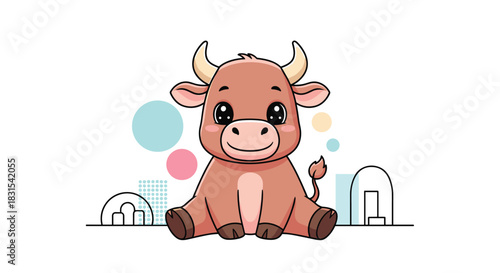 Adorable cartoon baby bull with big eyes and a gentle smile, sitting on a simple white background with colorful abstract elements.