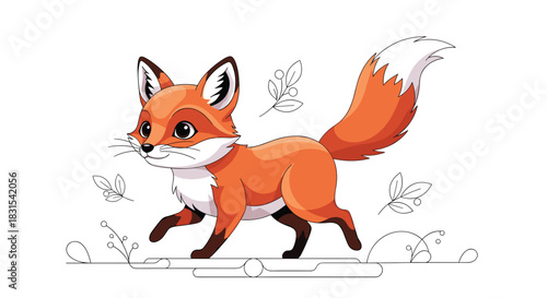 A charming cartoon fox with bright orange fur and a fluffy white-tipped tail is happily running, surrounded by minimalist line-art foliage.