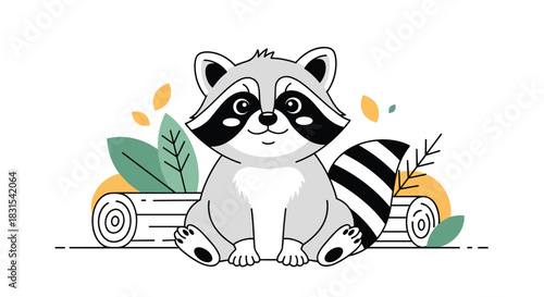 A cute cartoon raccoon character with a striped tail sits peacefully on wooden logs surrounded by colorful autumn leaves.