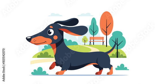 A cheerful black and tan dachshund dog is joyfully walking through a vibrant green park on a sunny day with trees and a bench in the background.