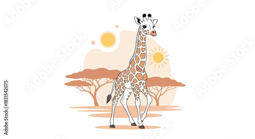 A charming cartoon giraffe with distinctive spots walks confidently across a sunlit savanna with distant acacia trees and stylized suns.
