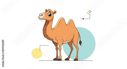 Cheerful cartoon two-humped camel illustration standing on a clean white background with minimal abstract geometric elements.