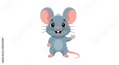 A cute cartoon gray mouse character with large pink ears, big eyes, and a cheerful smile, standing and waving its hand.