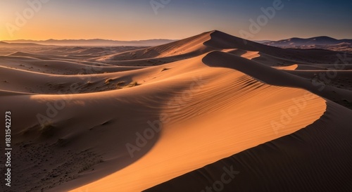 Fototapeta Naklejka Na Ścianę i Meble -  Golden sand dunes sculpted by wind under a warm desert sunset