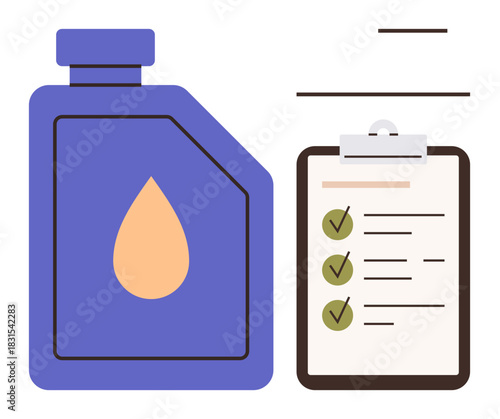 Bottle with liquid drop icon beside a clipboard checklist with green ticks. Ideal for automotive, maintenance, inspection, organization, productivity, planning, and quality control. Simple flat