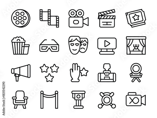 A collection of line art icons representing the film and cinema industry.