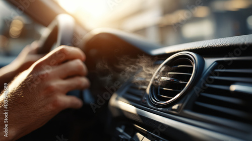 Driving car with air conditioning blowing fresh air
