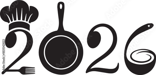 Culinary year 2026 vector design with chef, pan and soup isolated on white