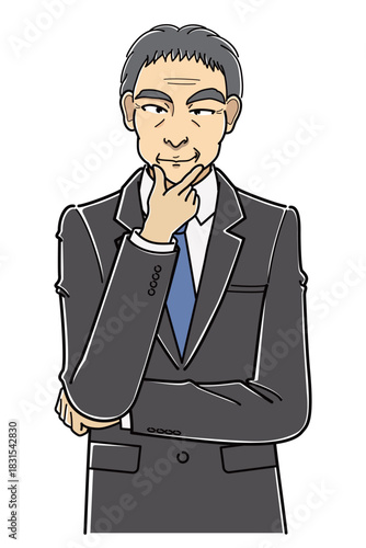 顎に手をあててニヤニヤしているスーツの中年男性（上半身）