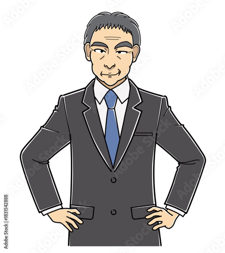 腰に手をあててニヤニヤしているスーツの中年男性（上半身）