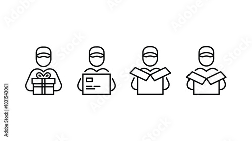Delivery person icons show various stages of receiving and opening packages.