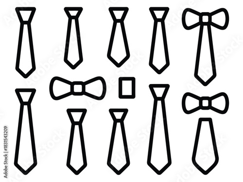 Collection of various necktie and bow tie styles in a clean silhouette outline