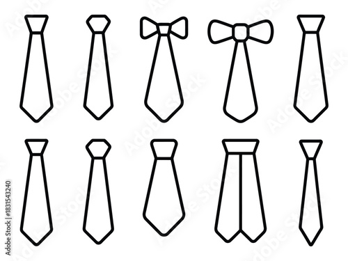 Collection of various necktie and bowtie styles in a simple silhouette design