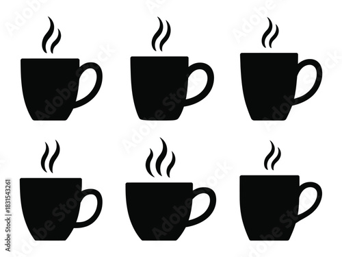 Six black silhouettes of steaming coffee mugs on a white background