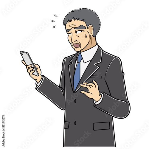 困った表情でスマートフォンを見ているスーツの中年男性・斜め左向き（上半身）