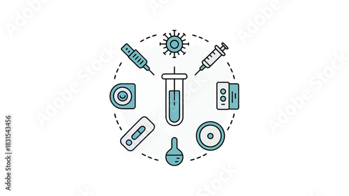 Medical laboratory equipment arranged in a circular pattern