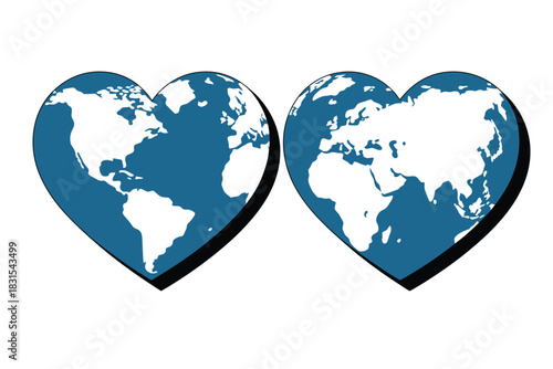 Two heart-shaped globes representing love for the world and global connection.